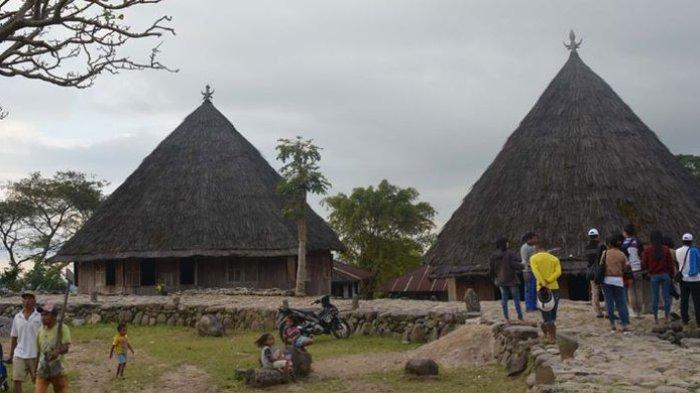 Wisatawan di Kampung adat Mbaru Gendang Ruteng Puu, Kecamatan Langke Ruteng, Kabupaten Manggarai, Flores, Nusa Tenggara Timur salah satu kampung tertua di wilayah Flores Barat.
