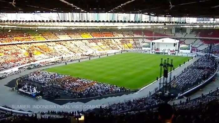 Suasana di Stadion Gelora Bung Karno Jakarta saat berlangsung misa kudus bersama Paus Fransiskus, Kamis (5/9/2024) petang.