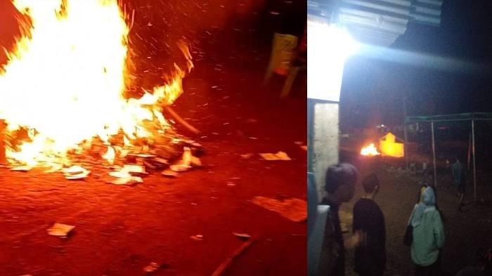 Kolase foto saat warga membakar logistik Pemilu dan merusak TPS di Kabupaten Bima, Rabu (14/2/2024) malam.