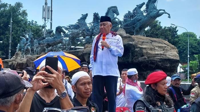 Presidium Gerakan Penegakan Kedaulatan Rakyat (GPKR) Din Syamsuddin saat aksi jelang putusan MK, di Jakarta Pusat, Senin (22/4/2024).
