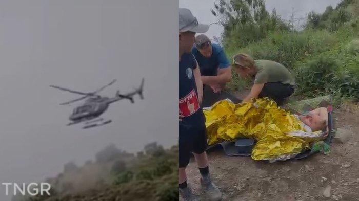 EVAKUASI - Momen helikopter saat terbang melakukan evakuasi pendaki Rinjani yang terjatuh saat menuju Danau Segara Anak, Rabu (16/7/2025).