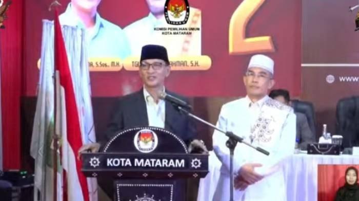 Pasangan H Mohan Roliskana - TGH Mujiburrahman (Harum) saat menyampaikan pidato usai pengambilan nomor urut di KPU Kota Mataram, Senin (23/9/2024) malam.
