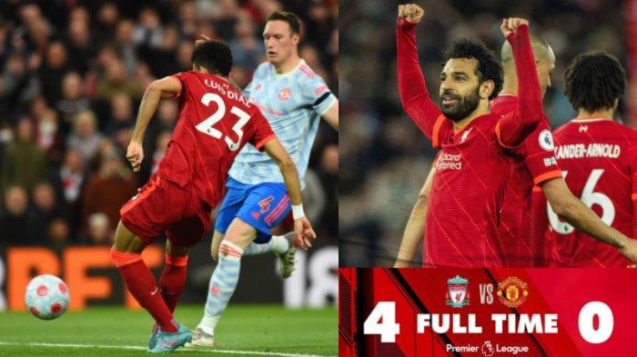 Foto kiri momen ketika Luis Diaz mencetak gol ke gawang MU. Sementara foto kanan saat Mohamed Salah dkk merayakan gol ke gawang MU, dalam laga tunda pekan 30 Liga Inggris, Rabu (20/4/2022).
