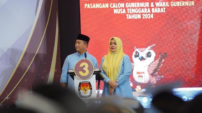 Pasangan calon gubernur dan wakil gubernur NTB, Lalu Muhamad Iqbal-Indah Dhamayanti Putri saat debat publik kedua, Jumat (8/11/2024) malam.
