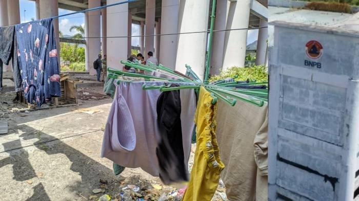 Jemuran pakaian warga di sekitar gedung shelter tsunami Kecamatan Pemenang, Lombok Utara, saat tim KPK turun melakukan pengecekan kondisi fisik bangunan, Agustus 2024.