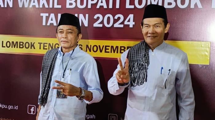 Pasangan calon bupati dan wakil bupati Lombok Tengah Lalu Pathul Bahri-HM Nursiah tiba di arena debat Perdana di GOR Poltekpar Lombok, Rabu (6/11/2024).