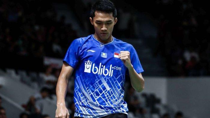 Jonatan Christie saat melawan wakil Taiwan, Wang Tzu Wei di babak kedua turnamen Indonesia Masters 2020 di Istora Senayan, Jakarta, Kamis (16/1/2020).