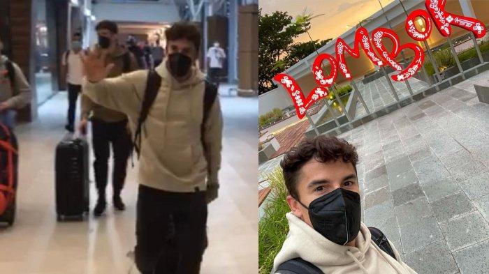 Penampilan Marc Marquez saat Tiba di Bandara Internasional Lombok, Senin, 7 Februari 2022.