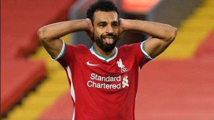 Aksi selebrasi striker Liveprool, Mohamed Salah, seusai menjebol gawang Leeds United pada pekan pertama Liga Inggris 2020-2021.