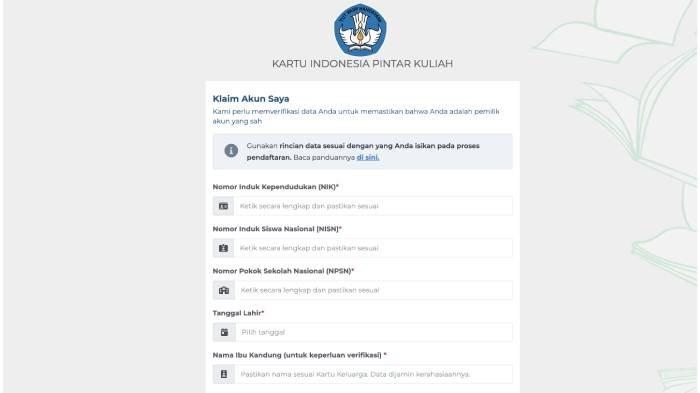 Laman reclaim akun KIP Kuliah 2024.