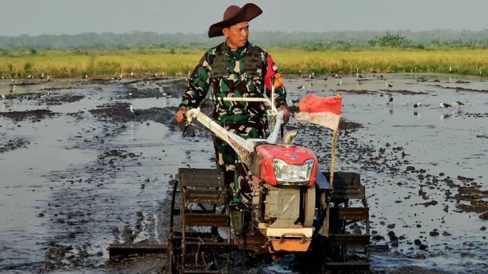 CETAK SAWAH - Kepala Satgas Pertahanan Pangan Mayjen Ahmad Rizal Ramdhani mengoperasikan traktor di Kampung Kaliki, Distrik Kurik, Kabupaten Merauke, Papua Selatan.
