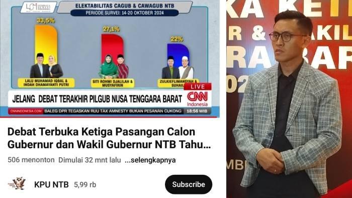 Kolase foto tangkapan layar tayangan hasi survei di Youtube KPU NTB dan Anggota KPU NTB Agus Hilman.