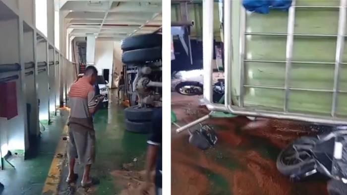 TRUK TERGULING - Kolase tangkap layar video truk terguling di dalam kapal ferry dari Pelabuhan Poto Tano, Sumbawa Barat ke Pelabuhan Kayangan, Lombok Timur, Selasa (29/7/2025).