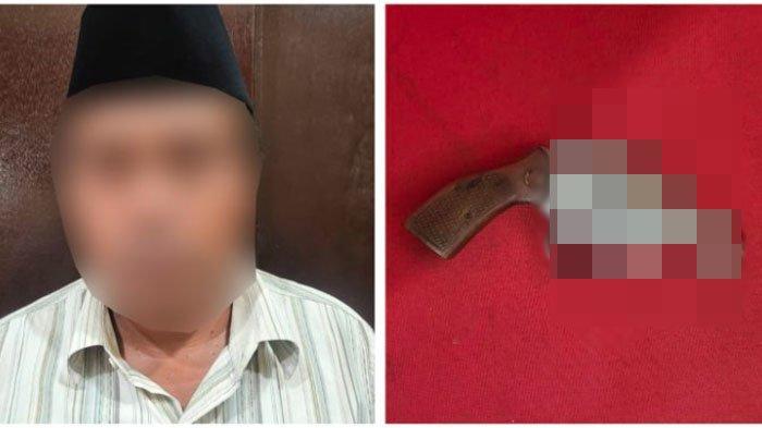 Tersangka SA (40), warga Desa Durin Barat, Kecamatan Konang di Mapolres Bangkalan, Jumat (27/10/2023) mengaku bahwa senpi dan sajam yang ia selipkan di balik bajunya hanya untuk menjaga diri.