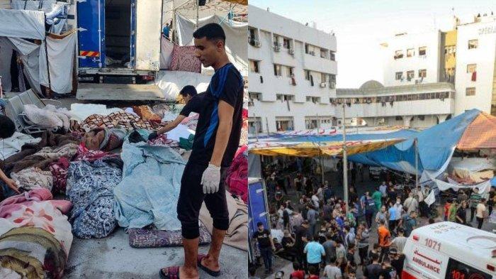 Para petugas memeriksa mayat-mayat korban yang tewas dalam pengeboman yang menghantam sebuah sekolah yang menampung para pengungsi Palestina, saat mereka terbaring di tanah di halaman rumah sakit Al-Shifa di Kota Gaza pada 10 November 2023 (kiri) dan kondisi halaman RS Al-Shifa (kanan).
