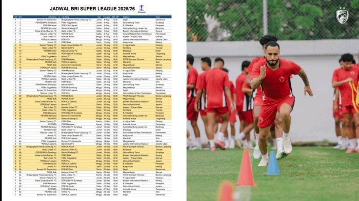 JADWAL PSM - Kolase jadwal Super League 2025/2026 (kiri) dan bek kiri PSM Makassar, Victor Luiz latihan di Stadion Kalegowa, Kabupaten Gowa. PSM Makassar hadapi pertandingan ketat di awal musim.