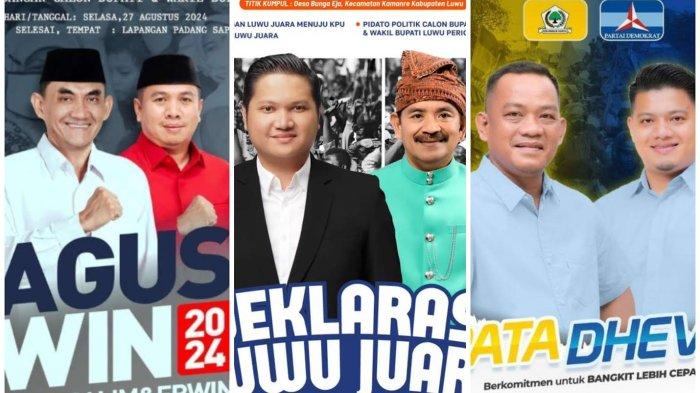 Tiga Pasangan Calon Bupati dan Wakil Bupati Kabupaten Luwu Agussalim-Erwin Barabba, Arham Basmin Mattayang-Rahmat, dan Patahuddin-Muh Dhevy Bijak Pawindu.