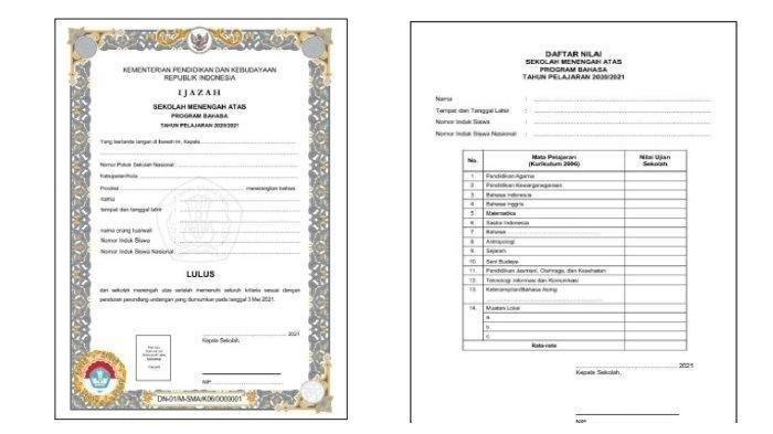 Contoh Bentuk Blangko Ijazah SMA. (Tangkap layar Peraturan Sekretaris Jenderal Kemendikbud Nomor 23 Tahun 2020/2021).