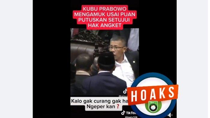 Capture video diklaim menampilkan kubu calon presiden nomor urut 2, Prabowo Subianto, mengamuk karena Ketua DPR Puan Maharani menyetujui hak angket. Hasil cek fakta, narasi mengenai kubu Prabowo mengamuk karena Puan menyetujui hak angket untuk menyelidiki dugaan kecurangan Pemilu 2024 adalah hoaks.