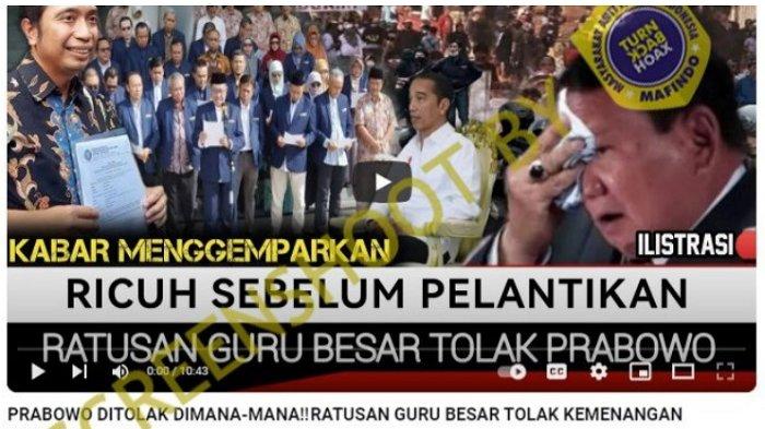 Capture video dari channel youtube bernama ONE NATION bernarasikan ratusan guru besar tolak kemenangan Prabowo. Hasil cek fakta, tidak ditemukan informasi kredibel terkait ratusan guru besar tolak kemenangan Prabowo.