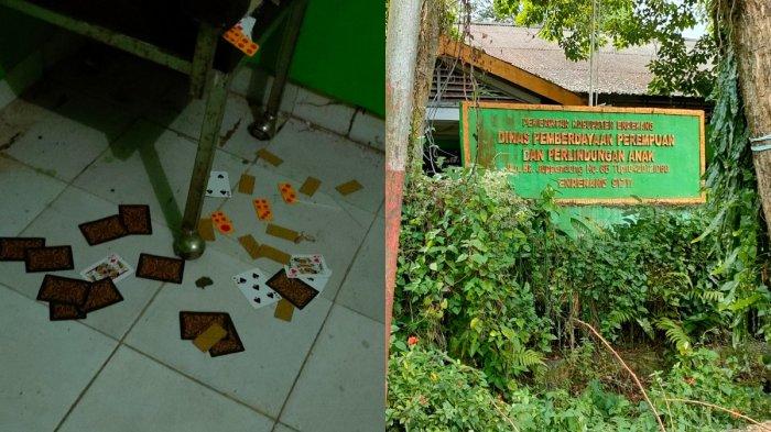 DP3A ENREKANG - Bekas gedung Kantor DP3A Kabupaten Enrekang terbengkalai di Jl Buttu Juppandang, Kelurahan Juppandang, Kecamatan Enrekang, Kabupaten Enrekang, Sulsel. Kamis (6/2/2025) sore. Di dalam gedung Kantor DP3A Enrekang ini bahkan ditemukan kartu remi.