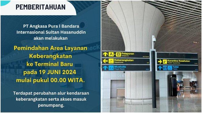 Flayer penyampaian pengoperasian Terminal Baru Bandara Sultan Hasanuddin Makassar di Kabupaten Maros dari PT Angkasa Pura I. Pengendara diminta untuk perhatikn rambu petunjuk.