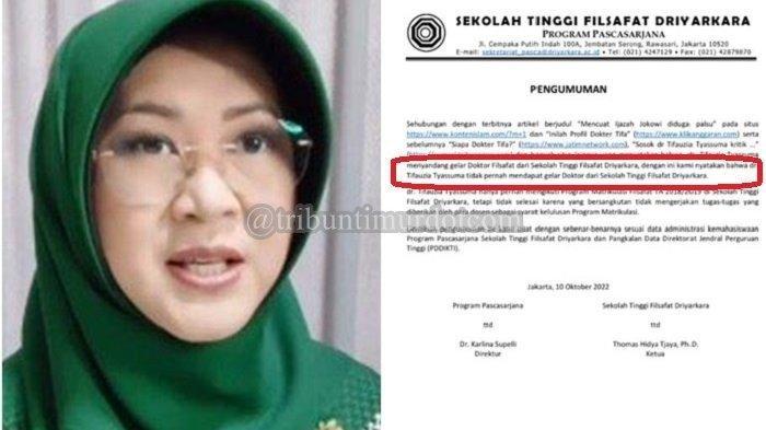 Kolase: Dokter Tifauzia Tyassuma (Instagram @tifauziatyassuma) dan pengumuman Sekolah Tinggi Filsafat Driyarkara yang membantah gelar doktor Dokter Tifa (Twitter @prastow).