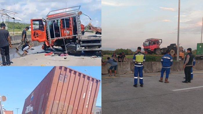 KECELAKAAN TRUK - Kolase tangkapan layar video unggahan akun Instagram fakta.mks dan saat petugas evakuasi truk kontainer kecelakaan di tol New Port Kecamatan Tallo, Kota Makassar, Sabtu (24/5/2025).
