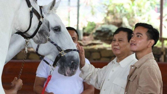 Ketua Umum Partai Gerindra saat mengajari Wali Kota Solo Gibran Rakabuming Raka berkuda di arena kuda Padepokan Garuda Yaksa, Hambalang, Jawa Barat, Sabtu 18 Juni 2022.