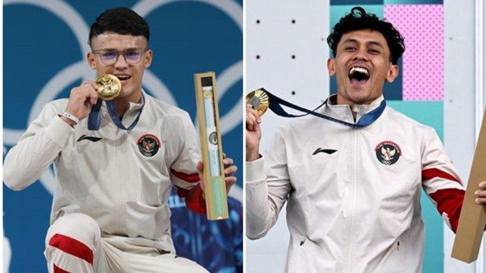 Kolase: Rizki Juniansyah meraih emas Olimpiade 2024 usai turun di cabang olahraga (cabor) angkat besi Olimpiade 2024 nomor men?s 73 kg di South Paris Arena 6 pada Kamis (8/8/2024) atau Jumat (9/8/2024) dini hari WIB.(Dok. NOC Indonesia) dan ekspresi atlet panjat tebing putra Indonesia Veddriq Leonardo usai pengalungan medali emas nomor speed putra Olimpiade Paris 2024 di Le Bourget Climbing Venue, Paris, Prancis, Kamis (8/8/2024). Veddriq Leonardo berhasil meraih medali emas dengan catatan waktu 4,75 detik mengalahkan atlet China Wu Peng yang mencatatkan waktu 4,77 detik. (ANTARA FOTO/Wahyu Putro A/sgd/rwa.(WAHY PUTRO A).