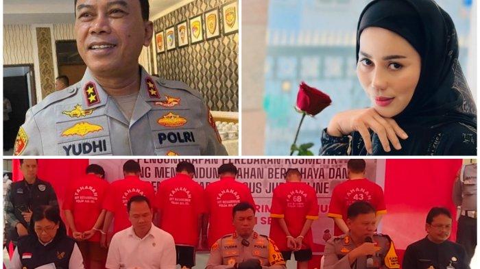 Kolase Fenny Frans, Kapolda Sulsel Irjen Pol Yudhiawan dan suasana press rilis skincare berbahaya di Polda Sulsel, Jumat (8/11/2024).