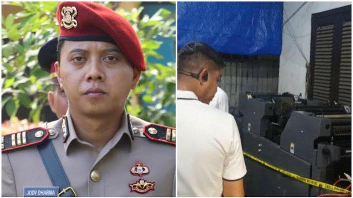 Kolase foto Kasat Reskrim Polres Luwu, AKP Jody Dharma dan Kapolres Gowa, AKBP Reonald Simanjuntak saat menunjukkan barang bukti mesin pencetak uang palsu di Polres Gowa Jl Syamsuddin Tunru, Kecamatan Somba Opu, Gowa, Sulsel, Senin (16/12/2024) malam.