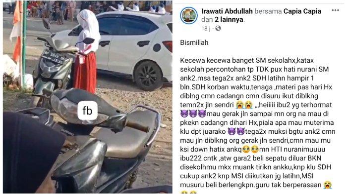 Kolase foto postingan Irawati Abdullah di Facebook. Irawati mengeluh karena anaknya tidak dimasukkan kedalam kelompok gerak jalan.