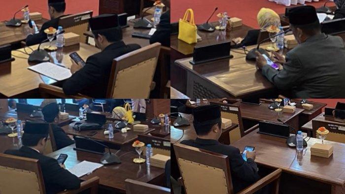 MAIN PONSEL - Kolase foto sejumlah anggota DPRD Sinjai sibuk main ponsel saat mengikuti rapat paripurna LKPJ di Ruang Paripurna Gedung DPRD Sinjai. (dok. TribunTimur/Ainun Taqwa)