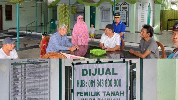 Kolase pengurus Masjid Fatimah Umar, BTN Makkio Baji, Kelurahan Bangkala, Kecamatan Manggala, Makassar, Sulawesi Selatan dan spanduk dijual dengan atas nama pemilik tanah Hilda Rahman beserta nomor handphonenya.