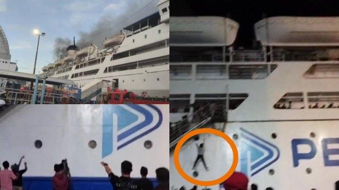 Penumpang terjatuh saat insiden KM Umsini terbakar di Pelabuhan Makassar, Minggu (9/6/2024) pagi.