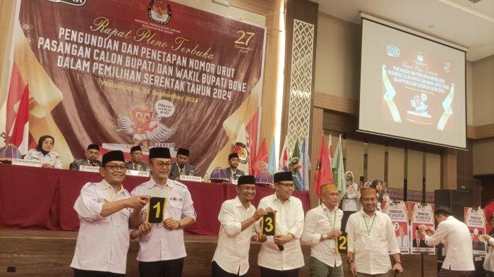 Potret paslon saat pengambilan nomor urut, nomor urut 1 dicabut paslon Andi Rio-Amir, nomor urut 2 dicabut Andi Islamuddin-Andi Irwandi, dan nomor urut 3 dicabut Andi Asman-Andi Akmal, Senin (23/9/2024).