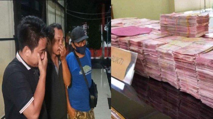 Tampang tersangka sindikat uang palsu ditangkap di Sulbar tiba di Mapolres Gowa Jl Jl Syamsuddin Tunru, Kecamatan Somba Opu, Kabupaten Gowa, Sulawesi Selatan (Sulsel), Selasa (17/12/2024) malam dan Ilustrasi uang palsu.
