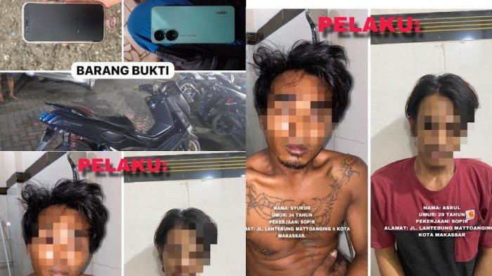 Tampang dua pelaku begal mahasiswi di Jl Ir Sutami Makassar dan barang buktinya setelah ditangkap polisi, Kamis (13/6/2024) dini hari.
