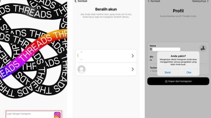 Tampilan proses login Threads yang terhubung dengan Instagram.