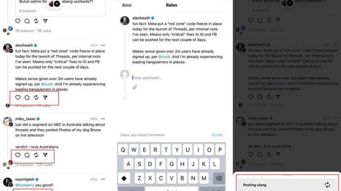 Tombol tindakan di postingan Threads yang terdiri dari tombol Reply, tombol Like, tombol Repost/Quote, dan tombol Share.
