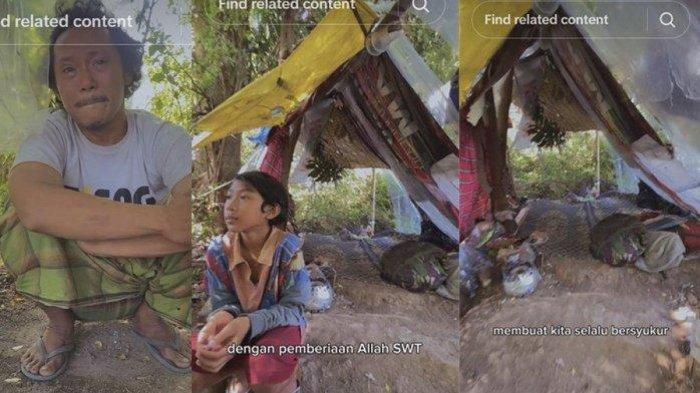 Kolase: Capture video viral bapak dan anak tinggal di tenda bambu beratap spanduk bekas beralas tikar.