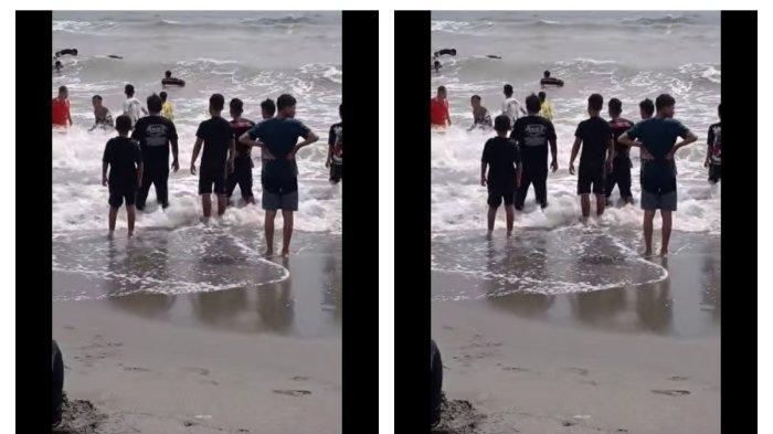 WISATAWAN TENGGELAM - Tangkapan layar video viral evakuasi korban tenggelam di Pantai Ammani Pinrang Sulsel, Sabtu (5/4/2025).