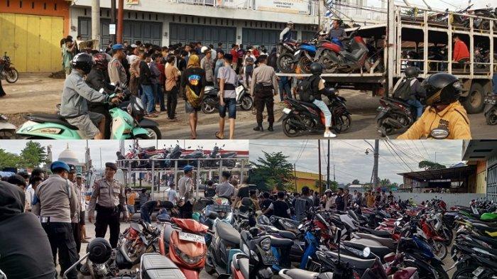 Suasana personel Polres Gowa menyita ratusan sepeda motor yang digunakan oleh para pelaku balapan liar di Jalan Trans Sulawesi Jl Poros Gowa-Takalar, Kelurahan Kalaserena Kecamatan Bontonompo Kabupaten Gowa, Kamis (14/03/2024).