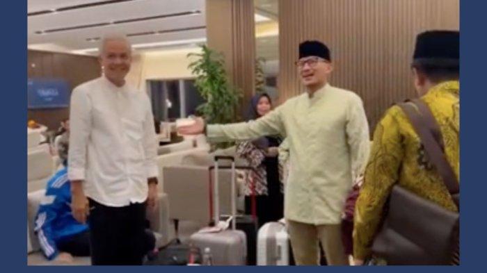 Ganjar Pranowo dan Sandiaga Uno bertemu di Jeddah, Arab Saudi. Ganjar Pranowo dan Sandiaga Uno bertemu di Jeddah, Arab Saudi. Keduanya bersama keluarga satu pesawat ke Jakarta usai menunaikan ibadah umroh di Tanah Suci.