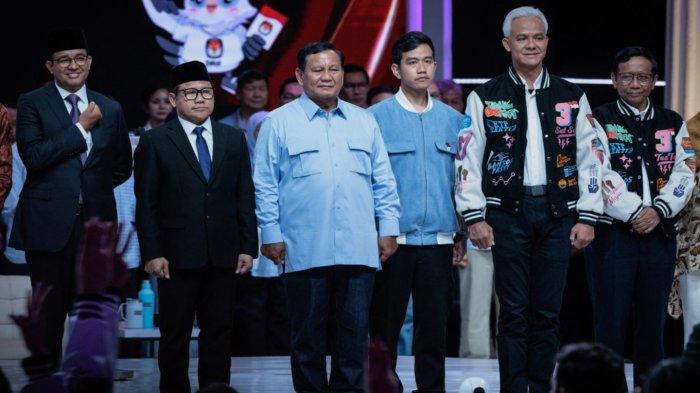 Anies Baswedan-Muhaimin Iskandar, Prabowo Subianto-Gibran Rakabuming dan Ganjar Pranowo-Mahfud MD usai Debat Kelima Pilpres di JCC Jakarta, Minggu (4/2/2024). Koalisi Anies Baswedan belum solid. Prabowo–Gibran mendapat 60,9 persen dukungan massa NU dan Ganjar–Mahfud hanya 16,3 persen.