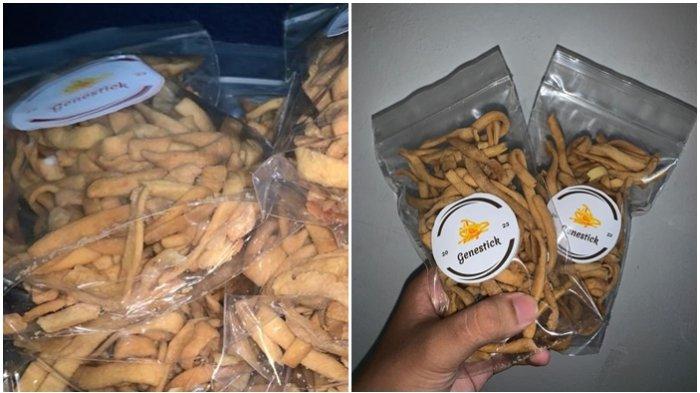 UMKM: Tampilan Genestick dalam kemasan 100gr. Asal mula produk tesebut diberi nama Genestick lantaran cemilan yang berbentuk stik dan mereka adalah generasi-generasi masa kini.
