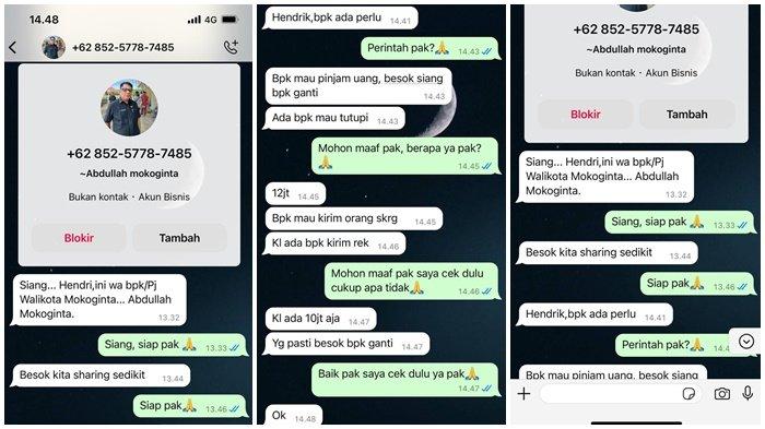 Akun WA yang mengatasnamakan Pj Wali Kota Kotamobagu Sulut Abdullah Mokoginta melakukan penipuan atas nama tersebut.