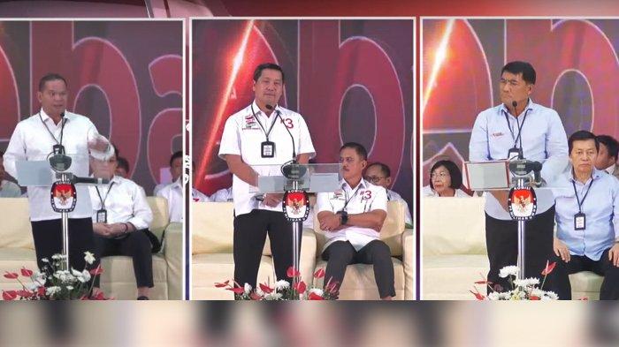 Calon Gubernur dan Wakil Gubernur Sulawesi Utara tampil dalam debat pertama yang digelar Komisi Pemilihan Umum (KPU) Sulut di Hotel Sutan Raja Kota Kotamobagu, Sulawesi Utara, Rabu (9/10/2024).