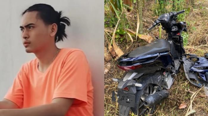 KECELAKAAN LALU LINTAS - Gabriel Walewangko (23) dan motornya. Ia merupakan korban kecelakaan tunggal di Jalan Bubak antara Desa Bungko dan Bakan, Kecamatan Kotamobagu Selatan, Kota Kotamobagu, Sulawesi Utara, Minggu (20/7/2025).